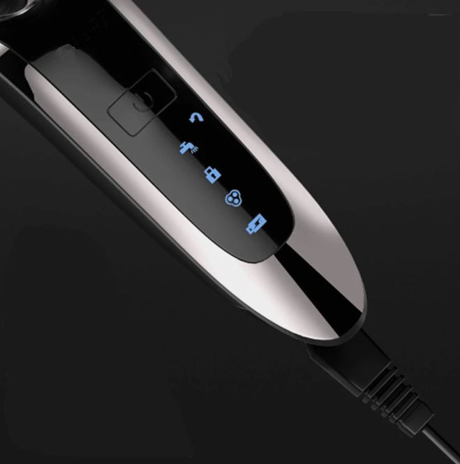 Rasoio da barba elettrico nero e argento con display e pulsanti blu