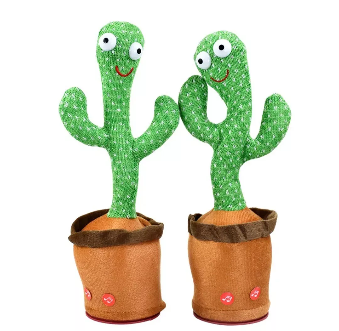 Coppia di giocattoli cactus verdi con occhi grandi e vasi marroni