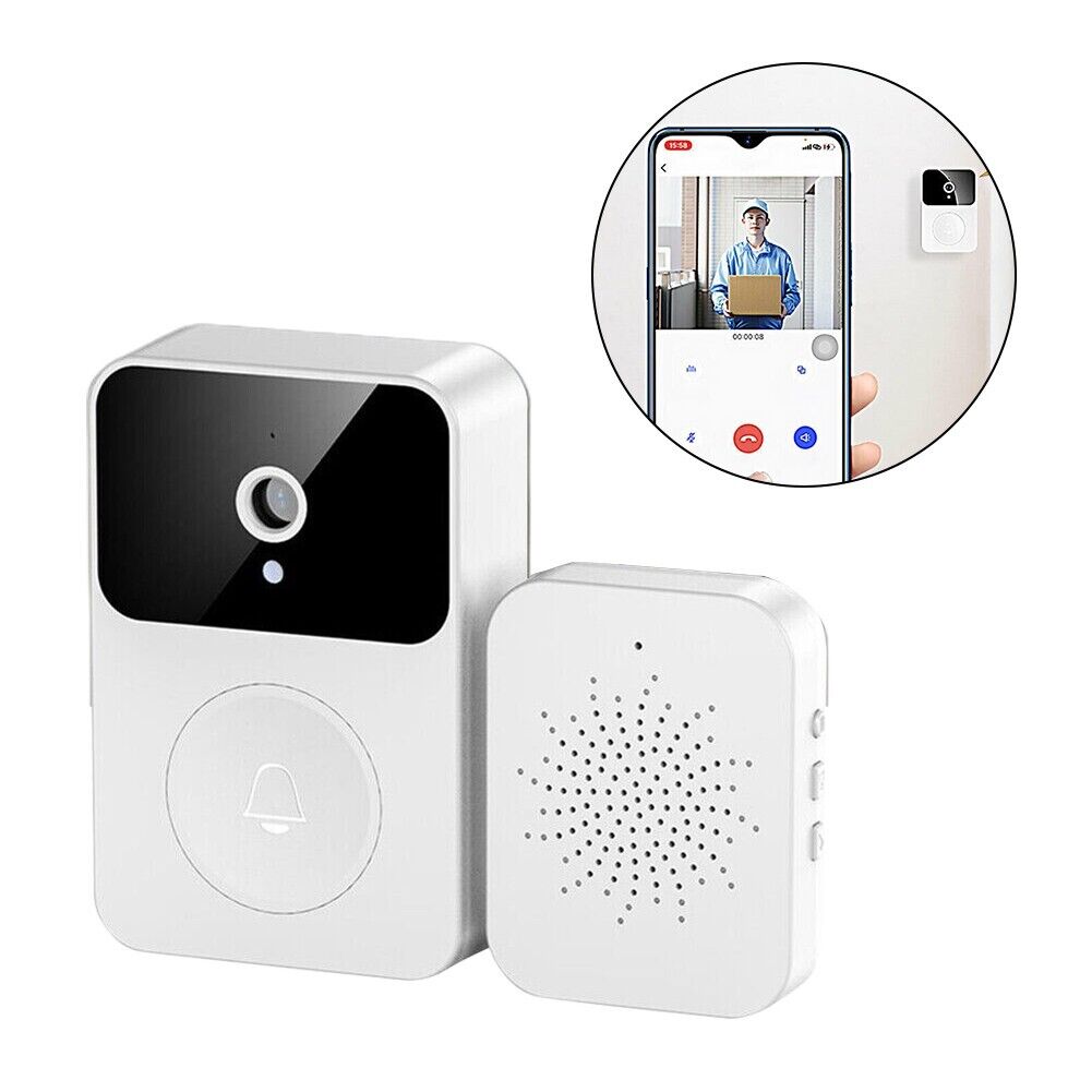Campanello Wi‑Fi bianco con unità esterna nera e campanello interno compatto