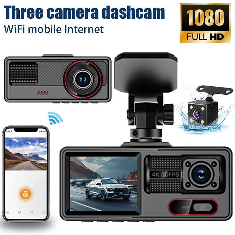 Dash cam tripla con schermo e tre telecamere, nero, supporti per auto