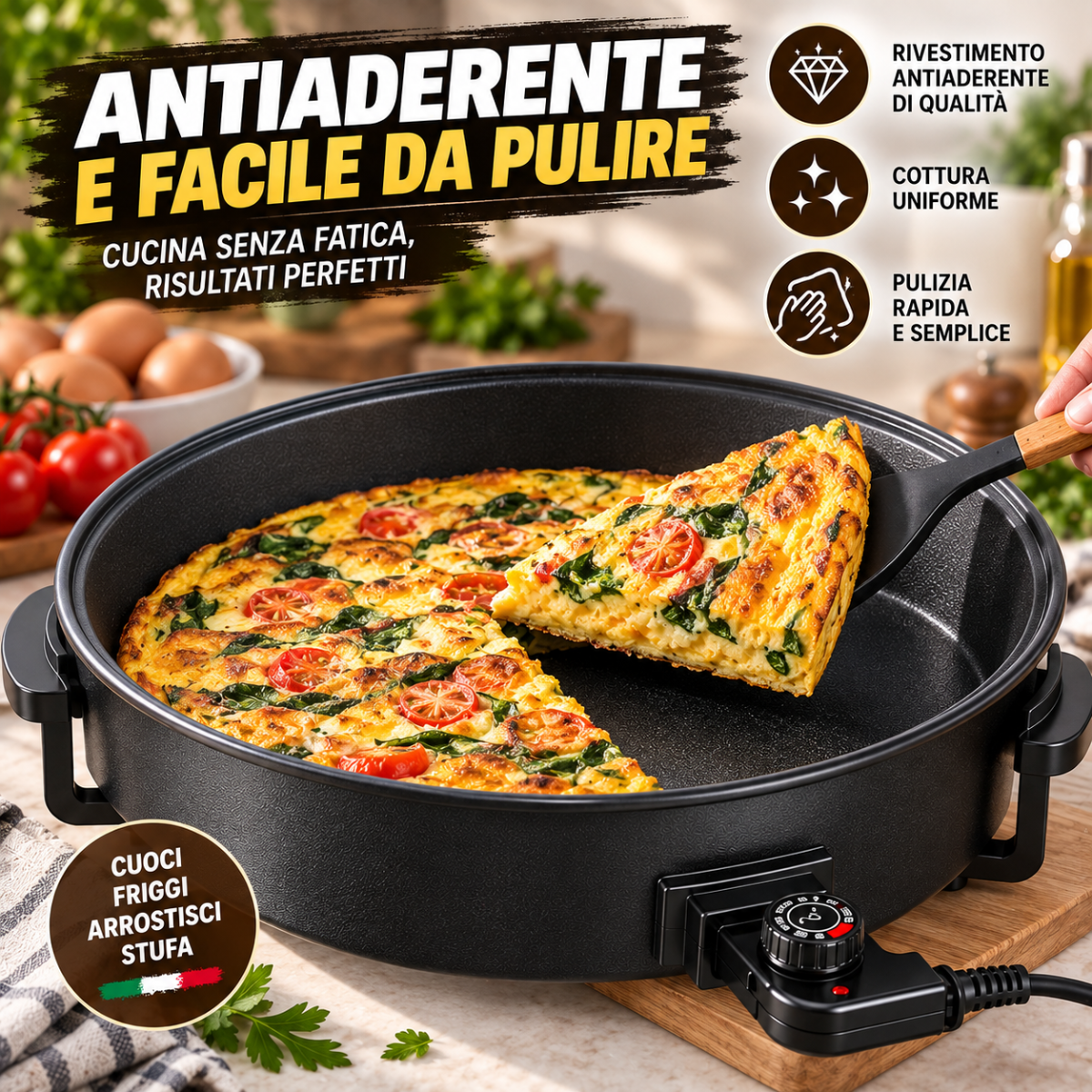 Tegame Elettrico Multifunzione 1500W Ø 30 cm con Coperchio in Vetro, Termostato Regolabile, Padella Antiaderente per Cucinare, Friggere, Arrostire e Stufare - | Prendilo Subito