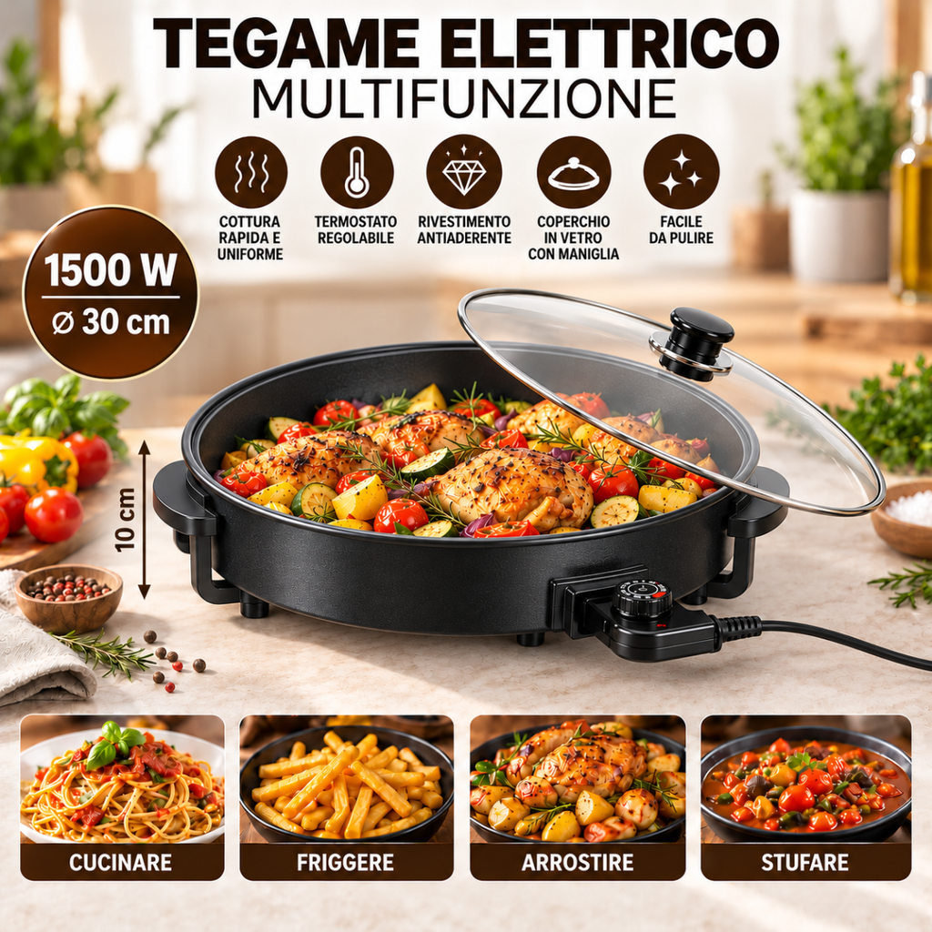 Tegame Elettrico Multifunzione 1500W Ø 30 cm con Coperchio in Vetro, Termostato Regolabile, Padella Antiaderente per Cucinare, Friggere, Arrostire e Stufare - | Prendilo Subito