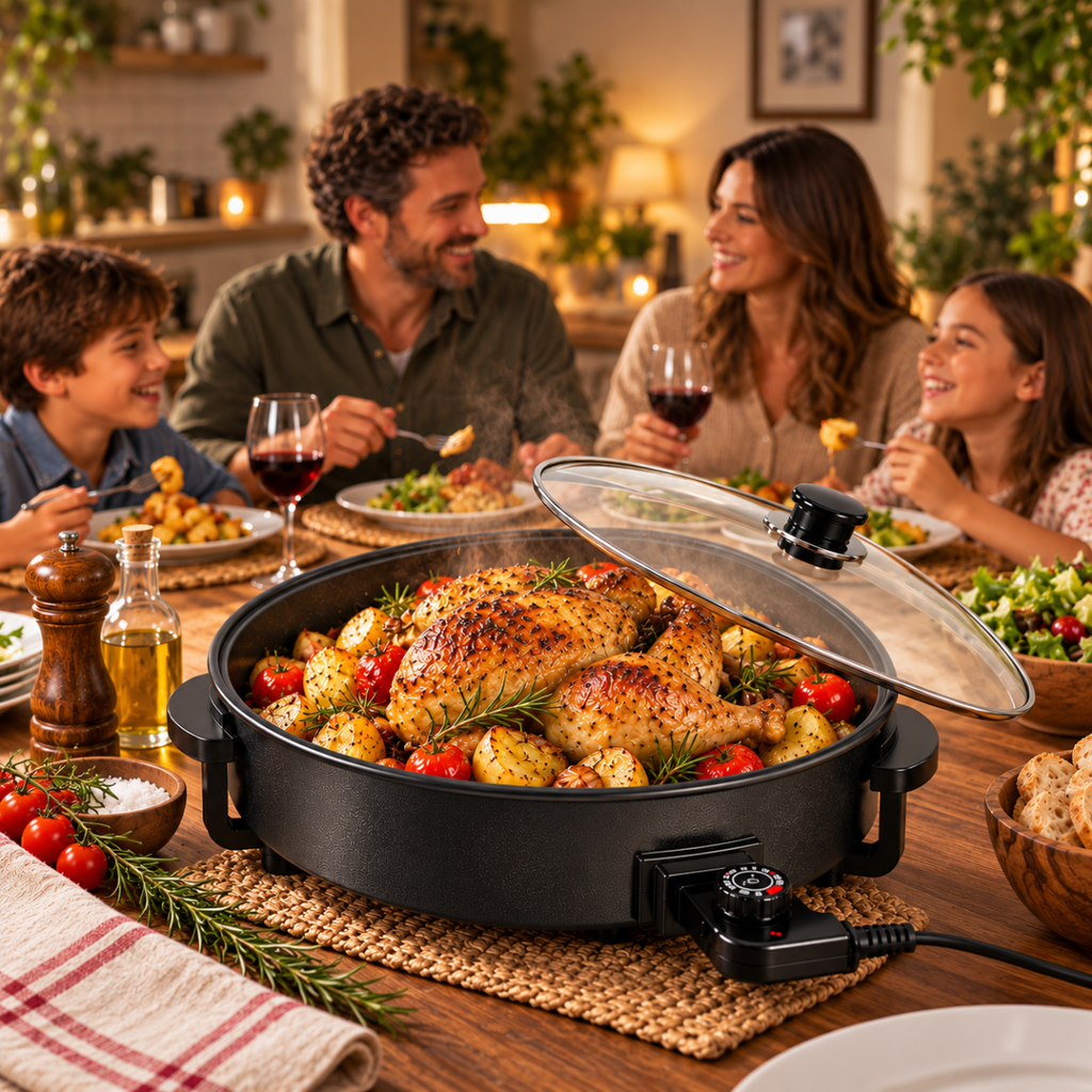 Tegame Elettrico Multifunzione 1500W Ø 30 cm con Coperchio in Vetro, Termostato Regolabile, Padella Antiaderente per Cucinare, Friggere, Arrostire e Stufare - | Prendilo Subito