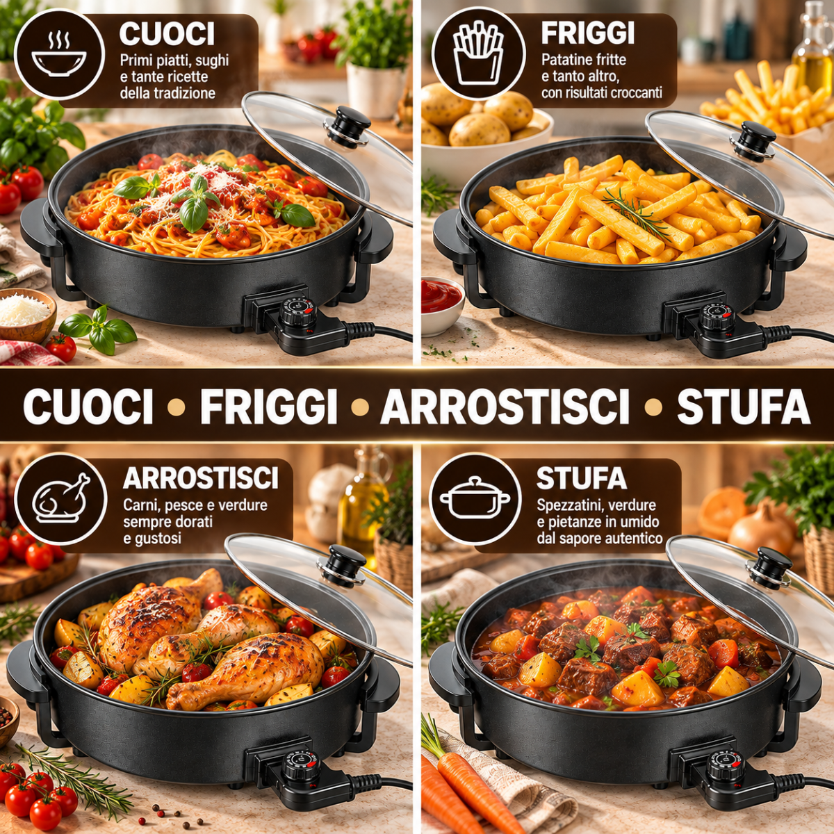 Tegame Elettrico Multifunzione 1500W Ø 30 cm con Coperchio in Vetro, Termostato Regolabile, Padella Antiaderente per Cucinare, Friggere, Arrostire e Stufare - | Prendilo Subito
