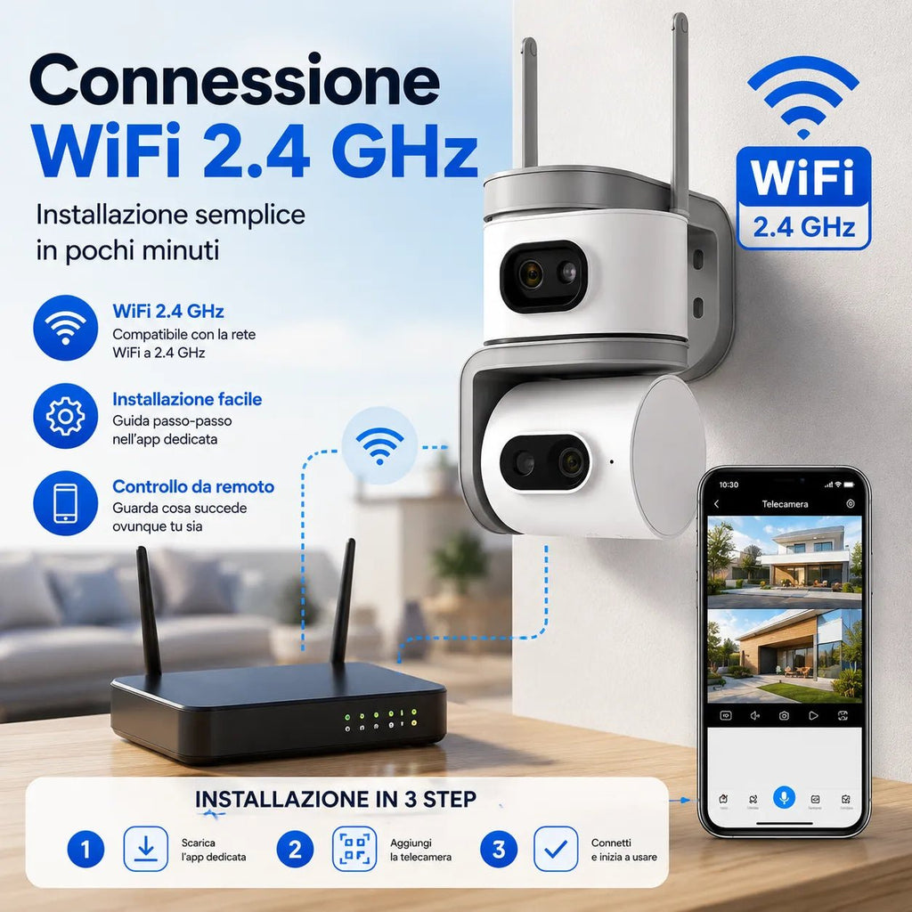 Telecamera WiFi Esterno 6MP Doppia Lente PTZ 355° Auto Tracking AI Visione Notturna a Colori Audio Bidirezionale IP67 - | Prendilo Subito