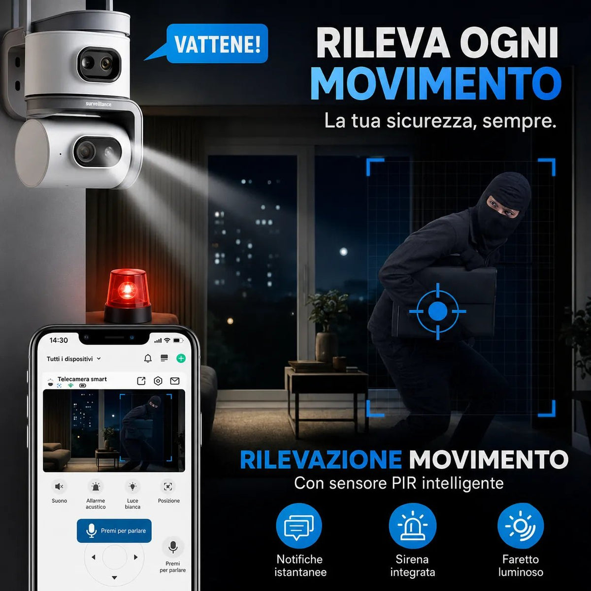 Telecamera WiFi Esterno 6MP Doppia Lente PTZ 355° Auto Tracking AI Visione Notturna a Colori Audio Bidirezionale IP67 - | Prendilo Subito
