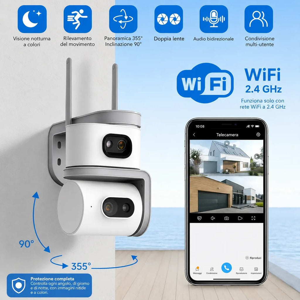 Telecamera WiFi Esterno 6MP Doppia Lente PTZ 355° Auto Tracking AI Visione Notturna a Colori Audio Bidirezionale IP67 - | Prendilo Subito