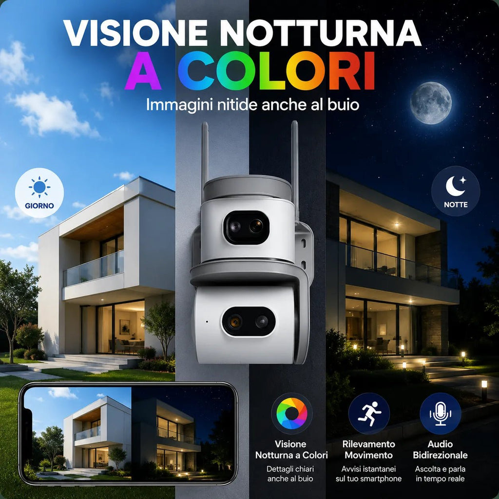 Telecamera WiFi Esterno 6MP Doppia Lente PTZ 355° Auto Tracking AI Visione Notturna a Colori Audio Bidirezionale IP67 - | Prendilo Subito