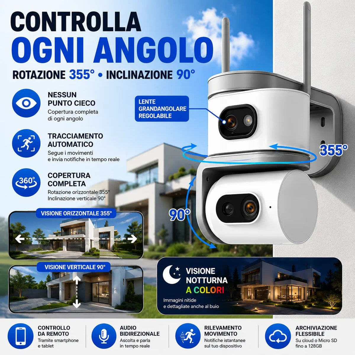 Telecamera WiFi Esterno 6MP Doppia Lente PTZ 355° Auto Tracking AI Visione Notturna a Colori Audio Bidirezionale IP67 - | Prendilo Subito