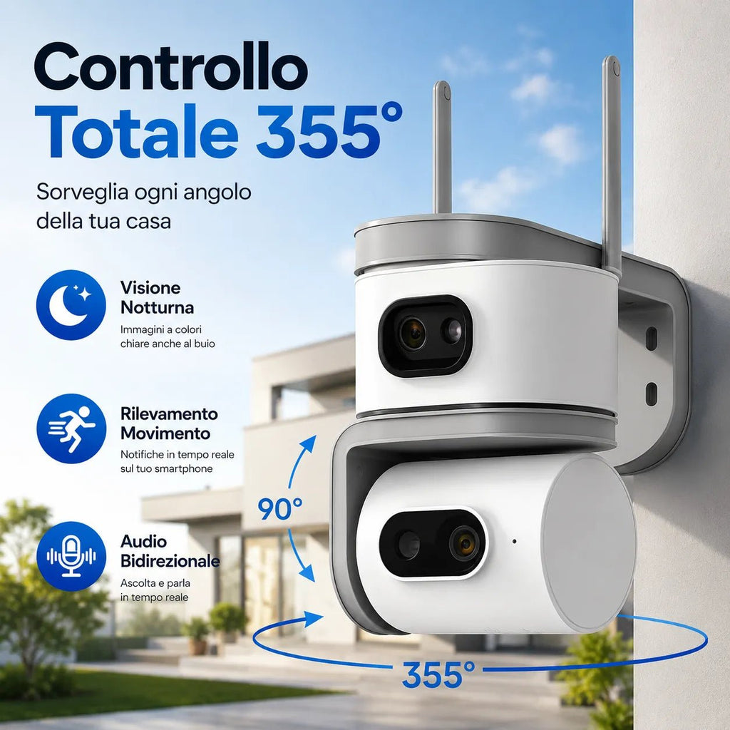 Telecamera WiFi Esterno 6MP Doppia Lente PTZ 355° Auto Tracking AI Visione Notturna a Colori Audio Bidirezionale IP67 - | Prendilo Subito