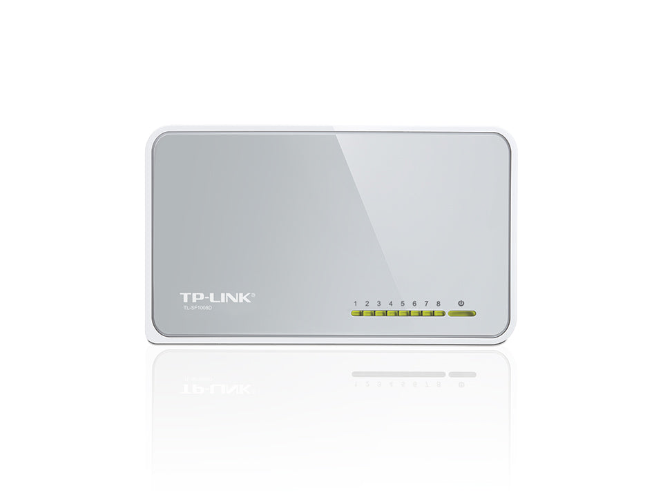 Switch di rete TP-Link SF1008D a 8 porte RJ45, indicatori LED, scocca bianca