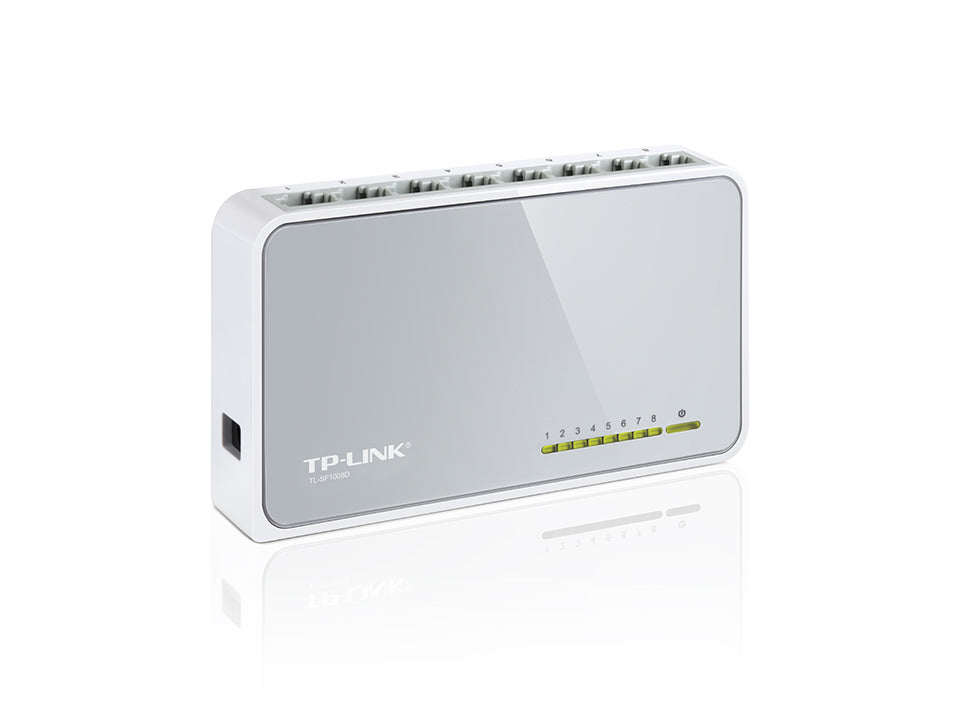 Switch di rete TP-Link SF1008D, 8 porte RJ45, vista frontale, scocca bianca e grigia
