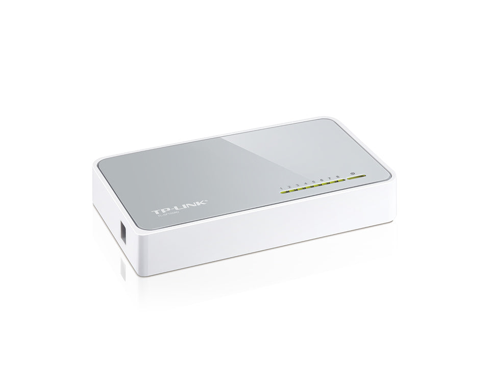 Switch di rete TP-Link SF1008D a 8 porte RJ45, vista laterale, scocca bianca