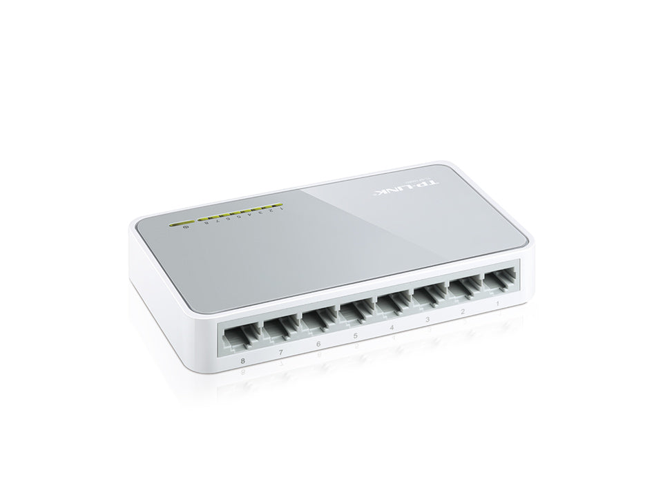 Switch di rete TP-Link SF1008D con 8 porte RJ45, connettori frontali, scocca bianca