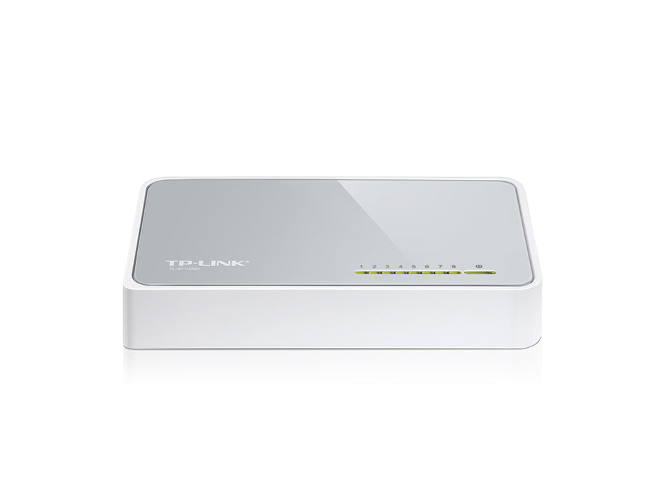 Switch di rete TP-Link SF1008D a 8 porte RJ45, logo e LED frontali, scocca bianca