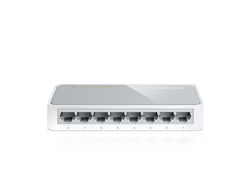 Switch di rete TP-Link SF1008D a 8 porte RJ45, prese frontali, scocca bianca