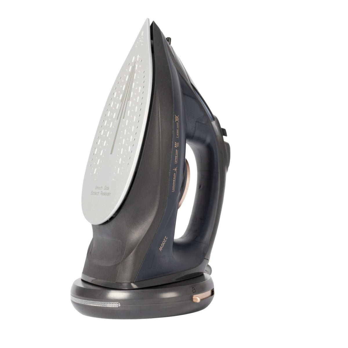 Ferro da stiro a vapore cordless nero con piastra bianca forata e base