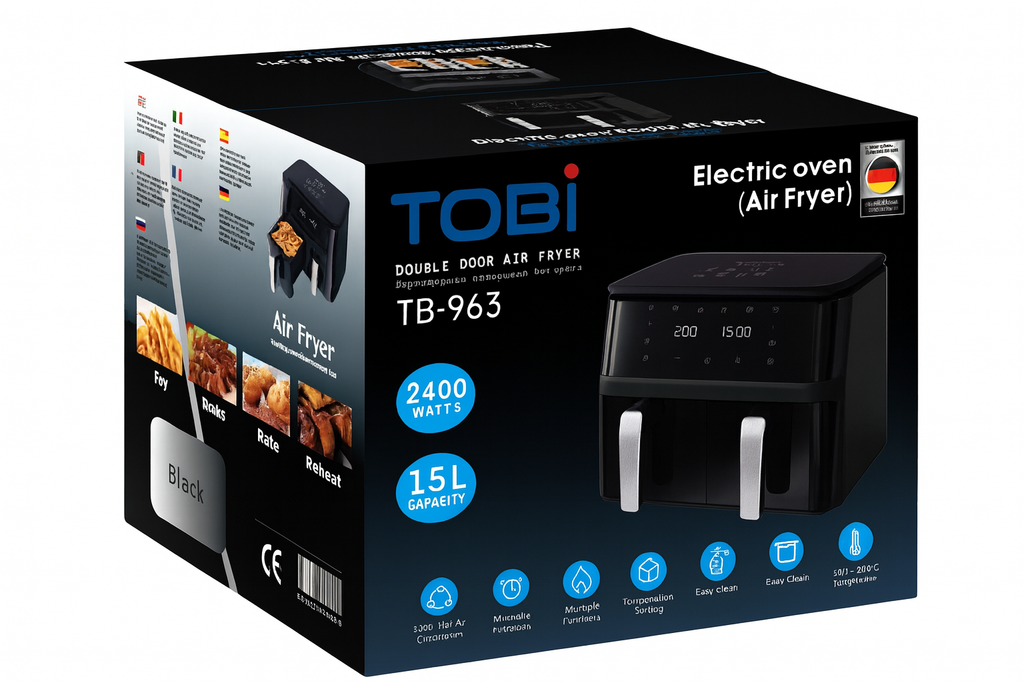 Scatola friggitrice ad aria dual door TOBI TB-963, 2400 W, 15 L, nero.