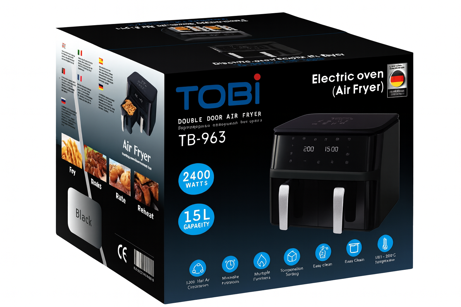 Scatola friggitrice ad aria dual door TOBI TB-963, 2400 W, 15 L, nero.
