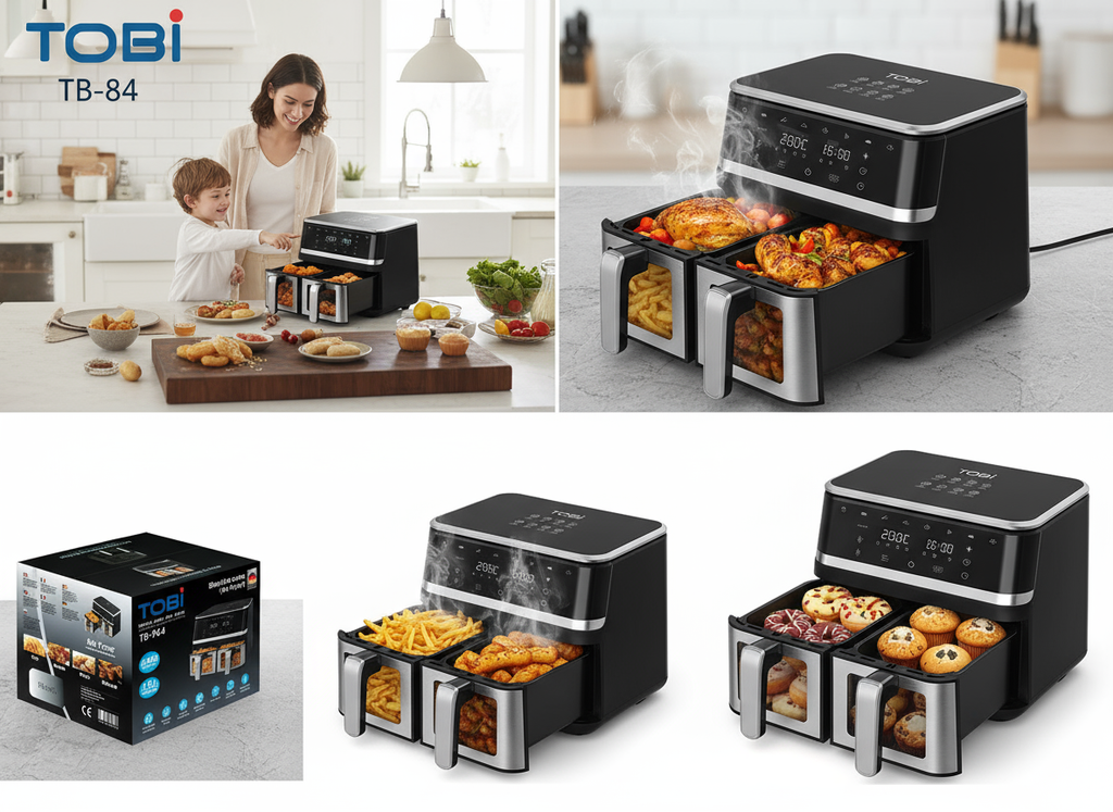 Friggitrice ad aria dual zone nera con display LED e due cestelli trasparenti.