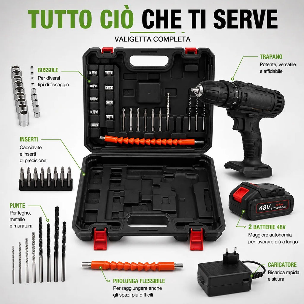 Trapano Avvitatore a Batteria 48V con Percussione – Kit Completo con 2 Batterie e Valigetta - | Prendilo Subito