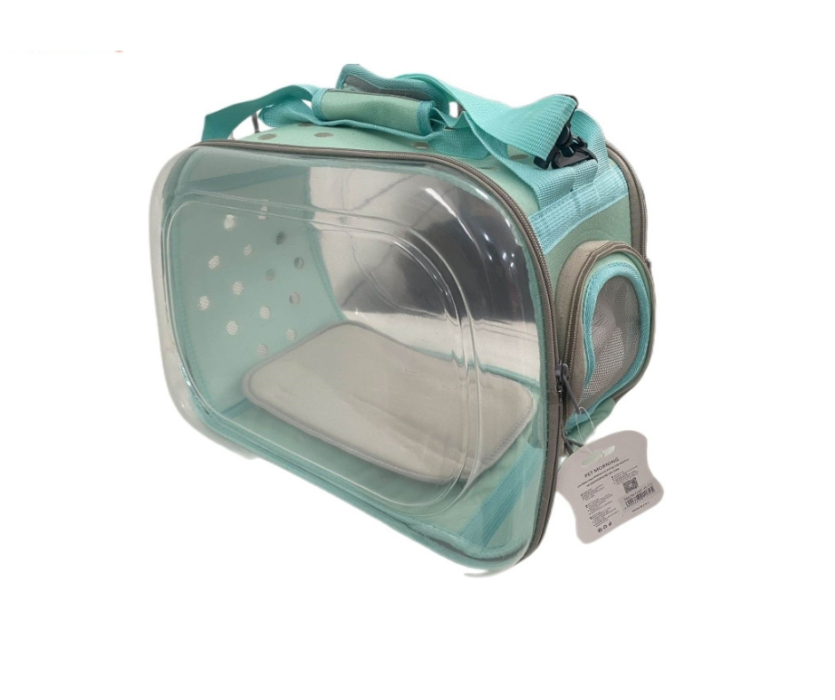Trasportino per animali in plastica trasparente azzurro con cerniera e pannello in rete