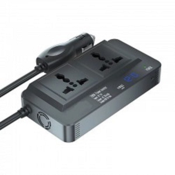Inverter per auto 300W con 2 prese e display, corpo grigio scuro, vista laterale