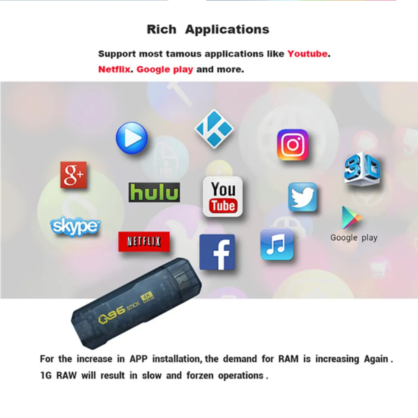 Stick TV blu scuro con logo giallo e icone app sullo schermo
