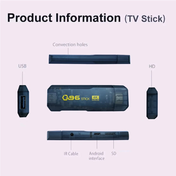 Stick TV blu scuro con prese laterali, cavo IR e interfaccia Android