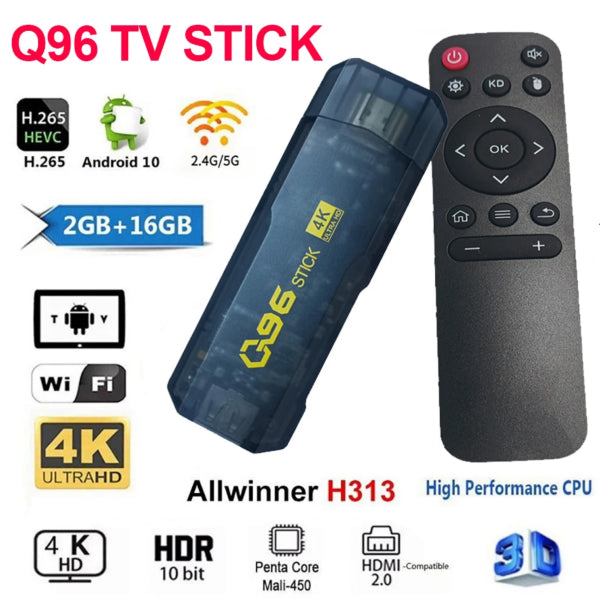 Stick TV blu scuro con telecomando nero, pulsanti e tasti direzionali