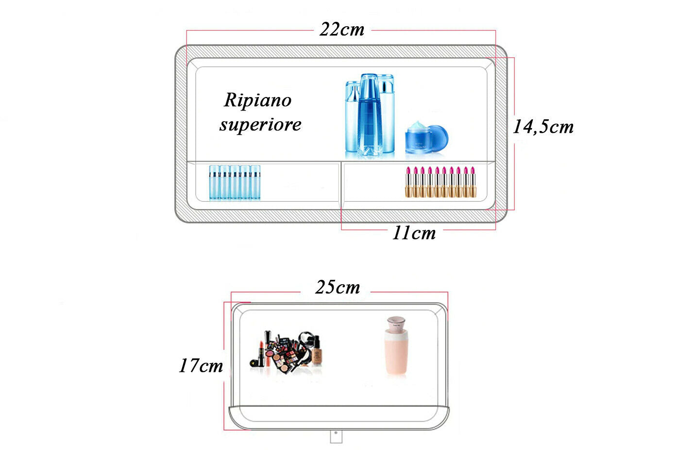 Organizer per cosmetici con ripiani superiori e cassetto, misure 22x25 cm, 14,5 cm
