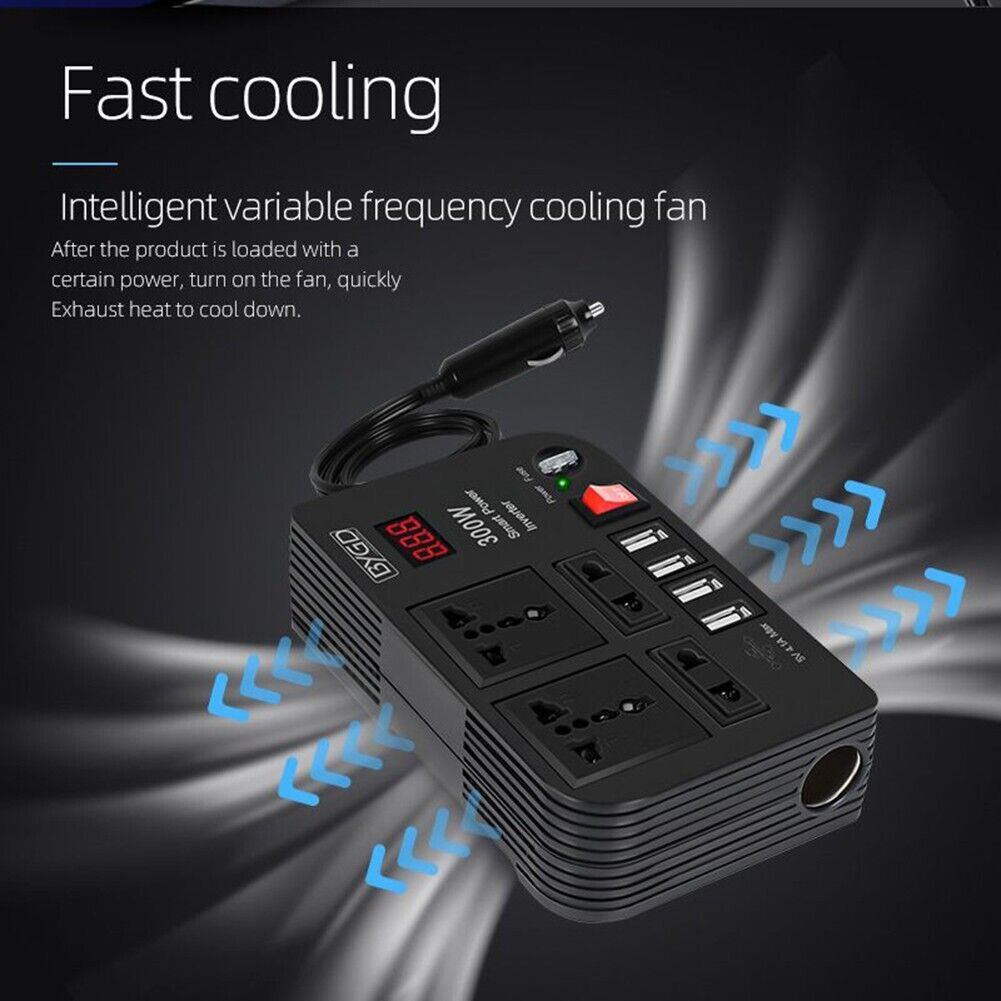 Convertitore auto nero con display e 4 porte USB, pulsante rosso
