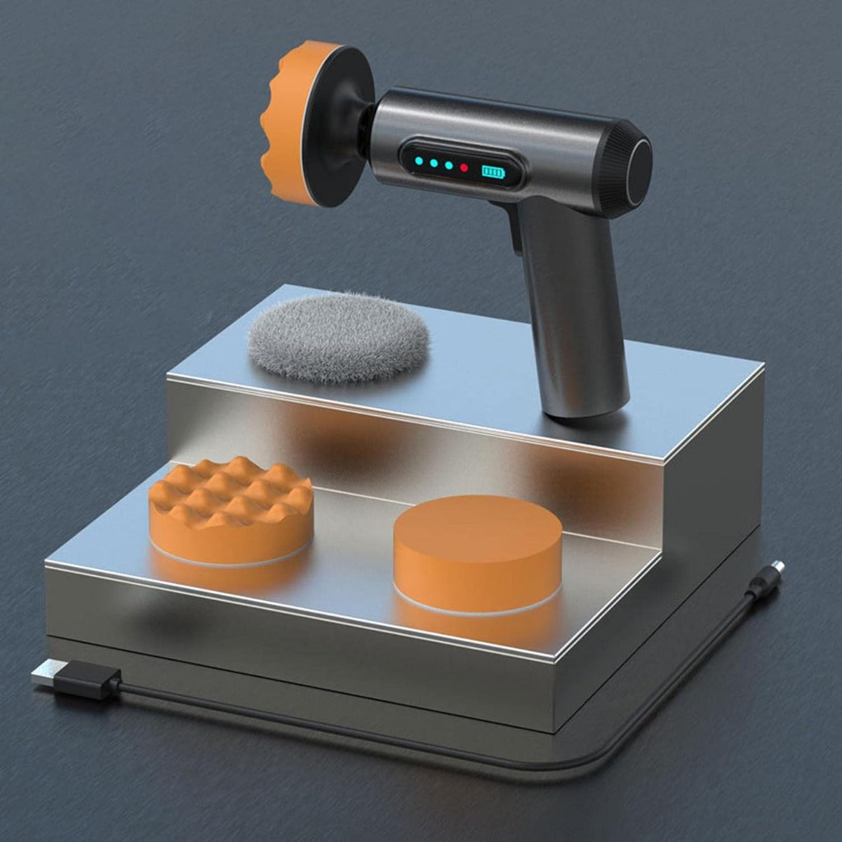 Lucidatrice cordless per auto su supporto con spugna grigia e tamponi arancioni
