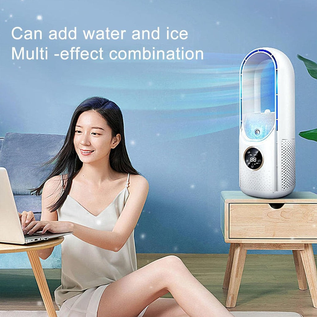 Condizionatore portatile bianco senza pale con display e vaschetta acqua