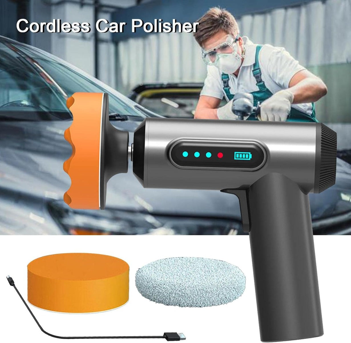Lucidatrice cordless per auto con impugnatura nera e spugne lucidanti arancione e grigia