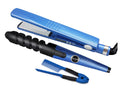 Piastra per capelli blu con piastre metalliche e accessori ondulanti