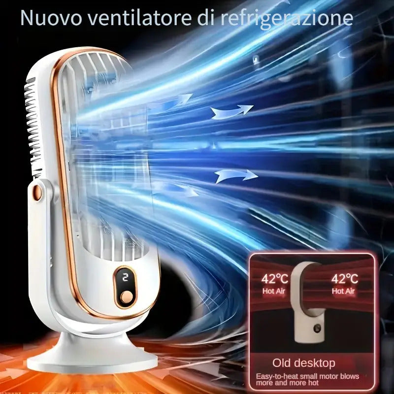 Ventilatore da tavolo senza pale bianco con finitura oro e pannello comandi frontale