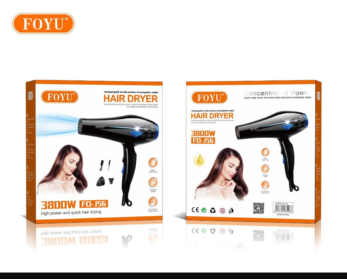 Confezione asciugacapelli FOYU, scatole nero e arancione con accessori e potenza 3800W