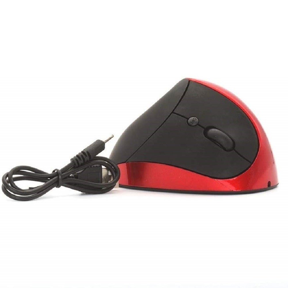 Mouse verticale rosso e nero con pulsanti laterali e interruttore sul lato superiore