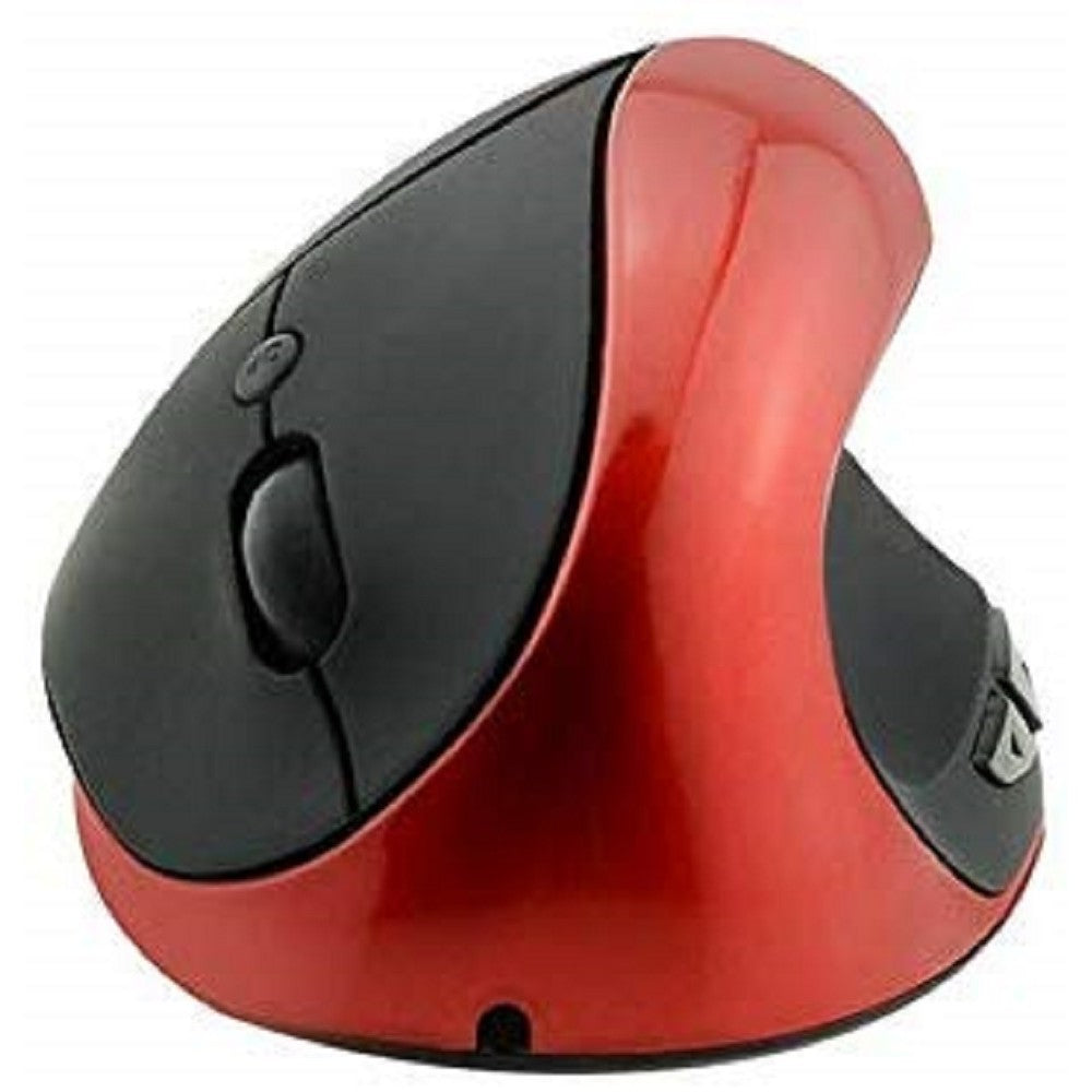 Mouse verticale rosso e nero, vista laterale, con pulsante e tasti sul fianco
