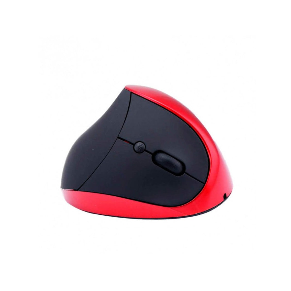 Mouse verticale rosso e nero con pulsante principale e forma ergonomica arrotondata