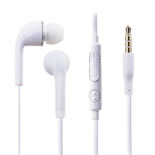 Auricolari bianchi con microfono, controllo e spina 3,5 mm sul cavo