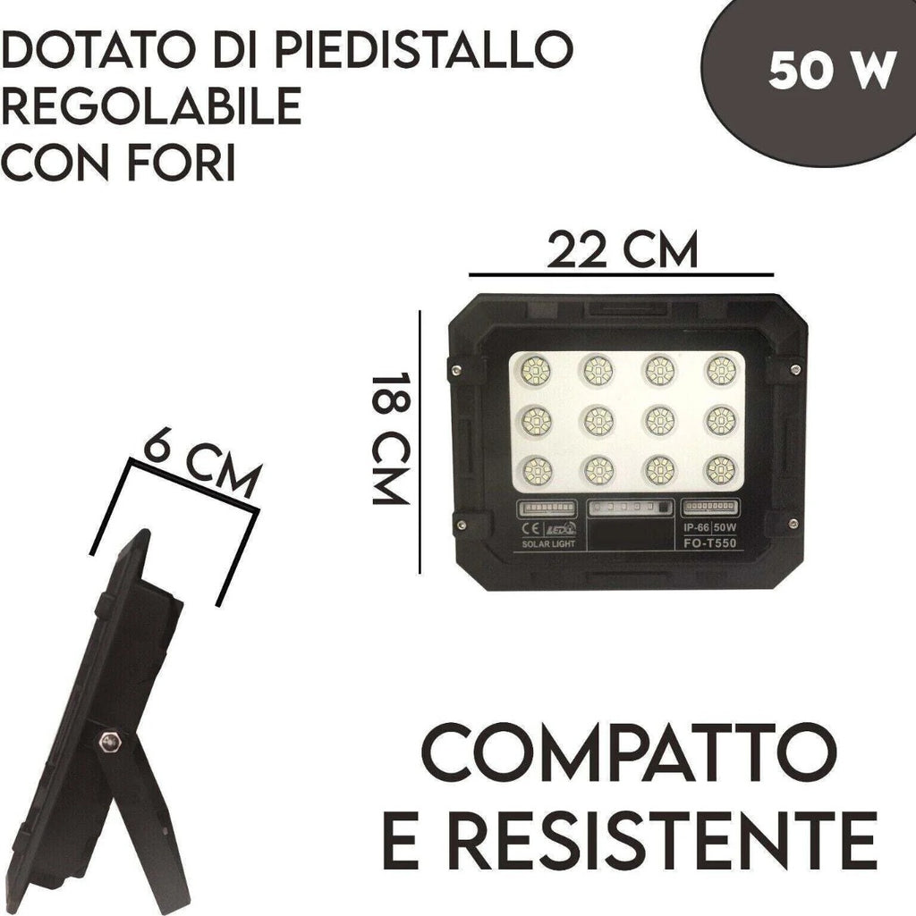 Faro LED con pannello solare, proiettore nero con supporto, misure 22 cm