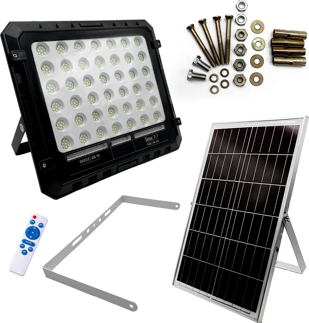 Faro LED con pannello solare: proiettore nero, pannello solare con staffe e viteria