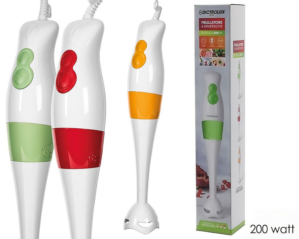 Frullatore a immersione bianco con tasti verde e rosso, piede frullatore, 200 W