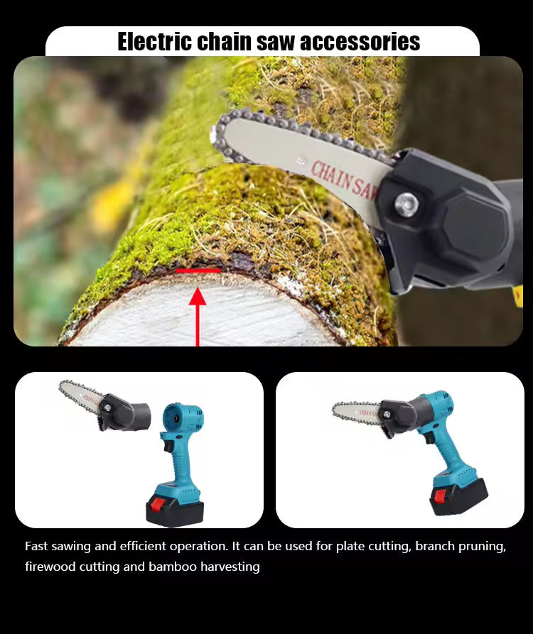 Motosega elettrica a catena con impugnatura, accessori per taglio su tronchi e rami