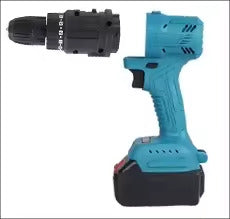 Trapano avvitatore cordless azzurro con batteria nera e testa anteriore
