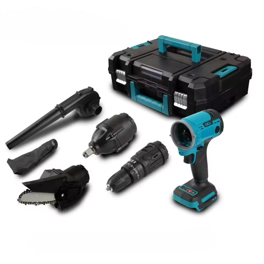 Kit 5 in 1 con trapano avvitatore mini e accessori, custodia nera/azzurra e impugnatura