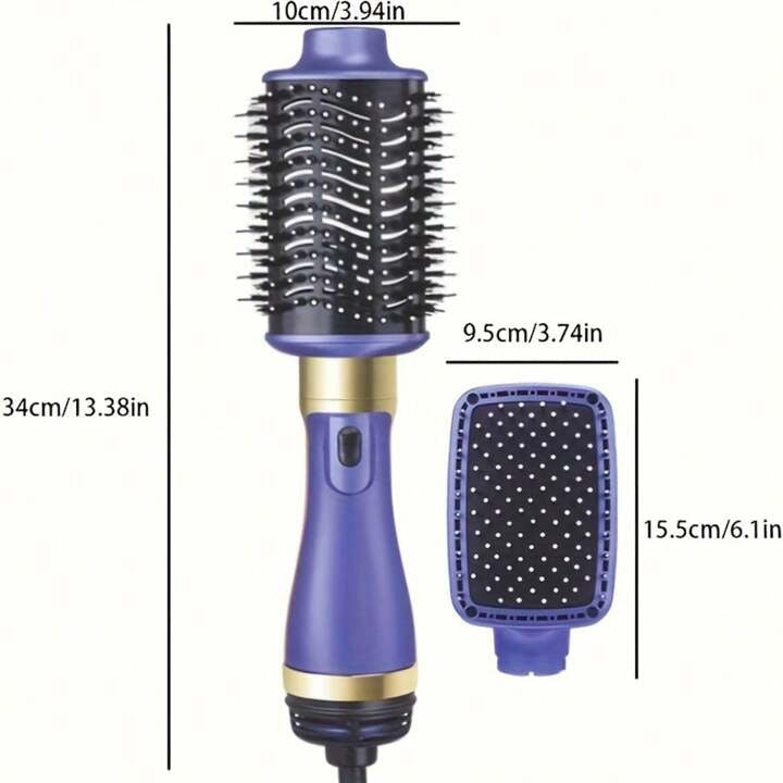 Asciugacapelli styler 2-in-1 con diagramma dimensioni di spazzola e accessori