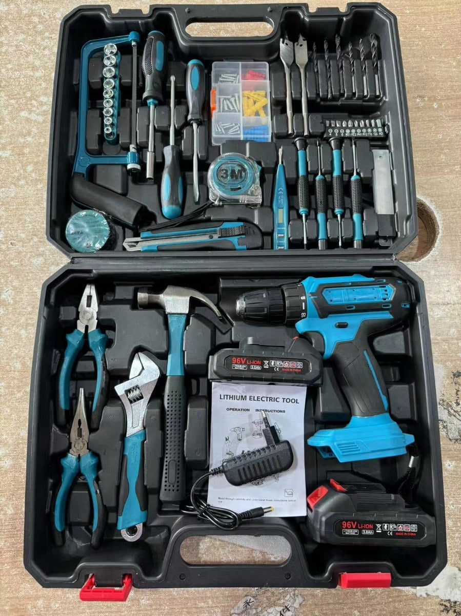 Kit di attrezzi 100 pezzi con trapano avvitatore a batteria, accessori in valigetta nera e blu